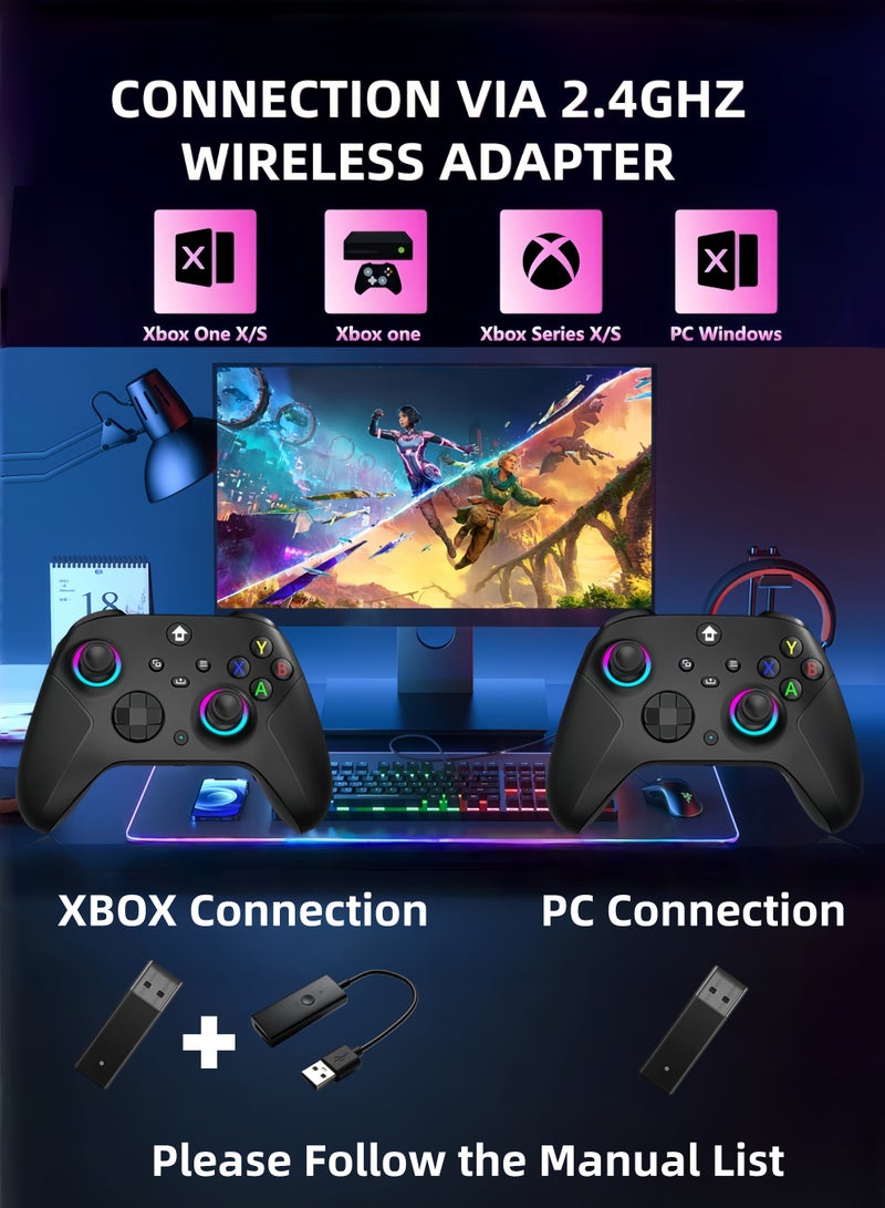 كول رابي وحدة تحكم لاسلكية بتردد 2.4 جيجاهرتز مع إضاءة RGB بسبعة ألوان لأجهزة Xbox One و Xbox Series X/S و Xbox One X/S والكمبيوتر الشخصي و Steam، مزودة بعصا تحكم بتقنية تأثير هول، وبطارية بسعة 800 مللي أمبير/ساعة، ووظيفة اهتزاز مزدوج، ووظيفة توربو، وإمكانية البرمجة، ومنفذ صوت 3.5 ملم (أسود كلاسيكي). - Image 2